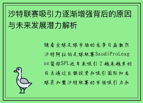 沙特联赛吸引力逐渐增强背后的原因与未来发展潜力解析